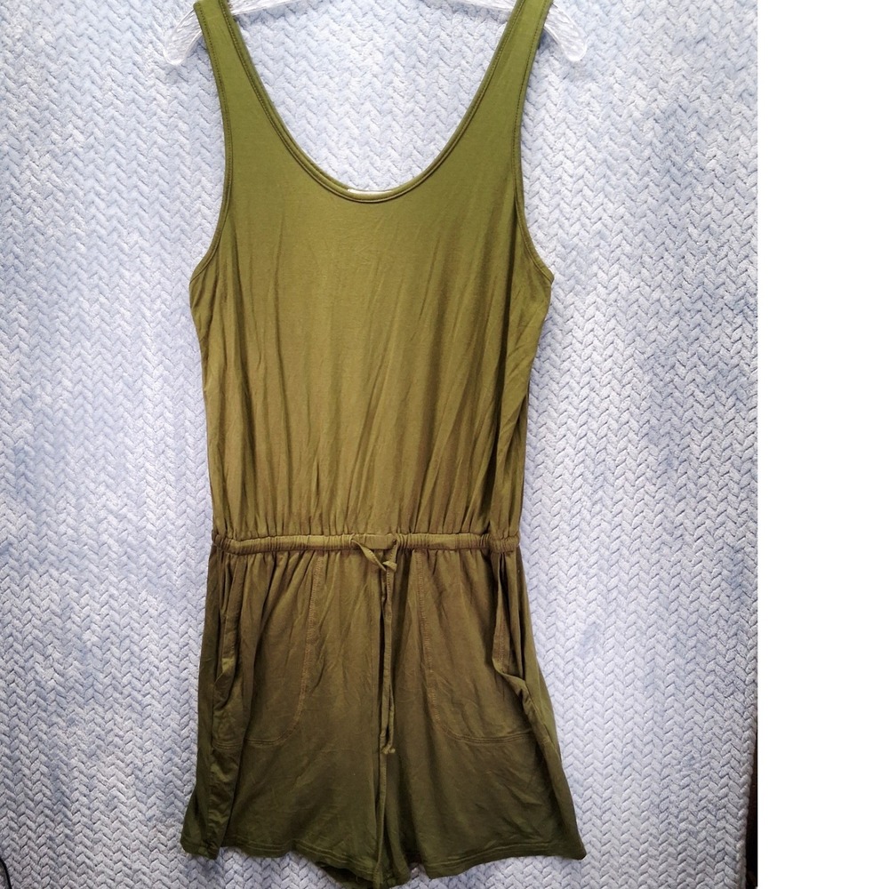 REORIA Womens Olive Green Sleeveless Drawstring Waist Pocket Romper Large